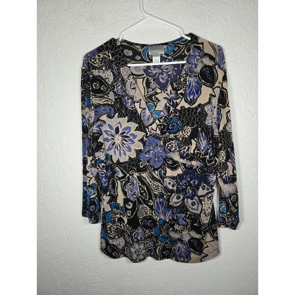 Chico's Travelers Teal Floral Paisley V-neck Tunic Top Stretch Packable 2 12/14 - Picture 1 of 4